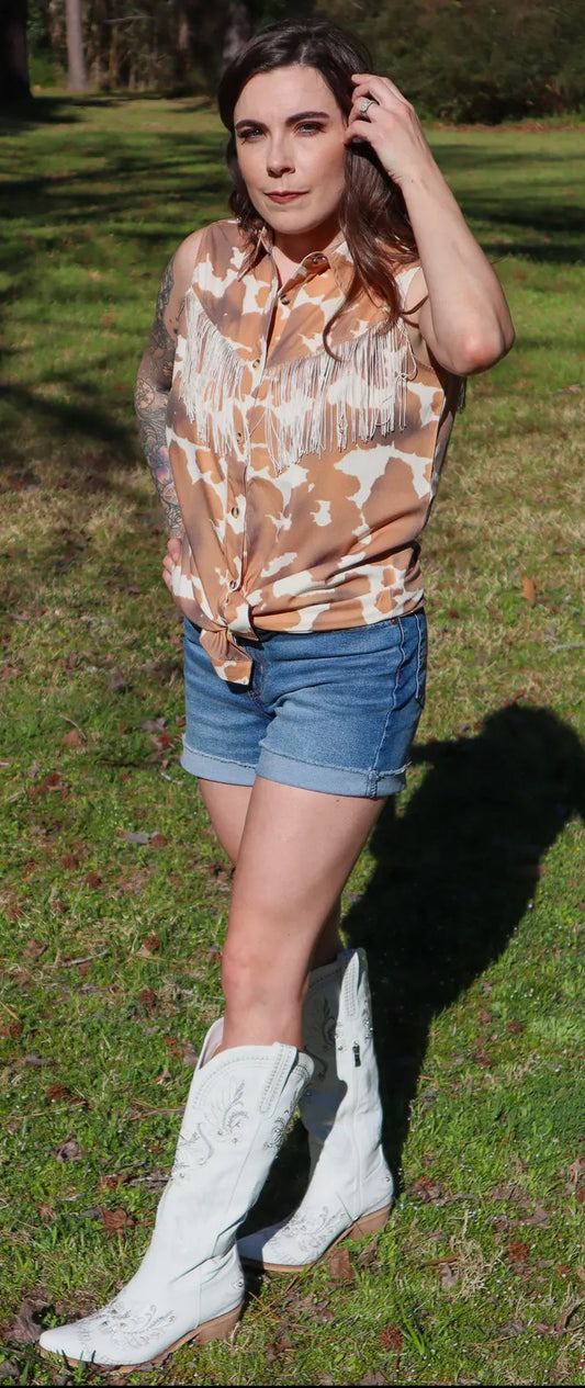 Cow Print and Fringe Button Up Top