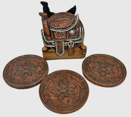 Decorative leather coasters with intricate designs on a white background