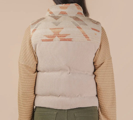 Beige and Aztec Print Puffer Vest
