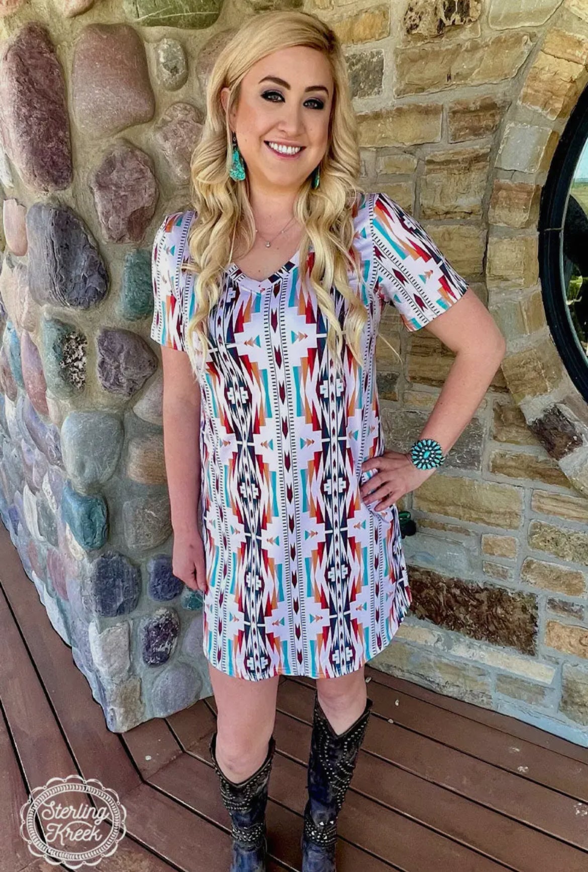 Cream/Pink Aztec Dress