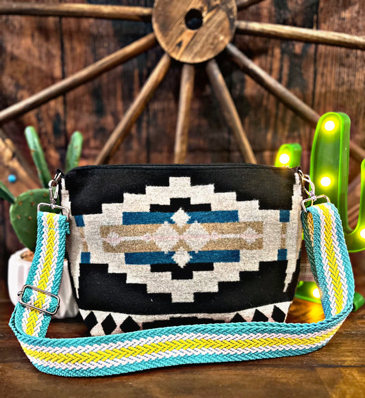 Black/Teal/Taupe Aztec Crossbody Purse