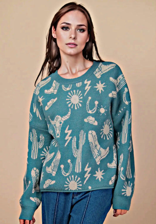 Teal Western Print Sweater