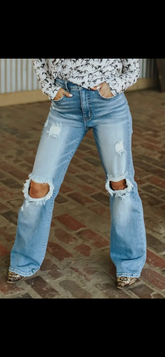 Tummy Control Distressed Bootcut Jeans