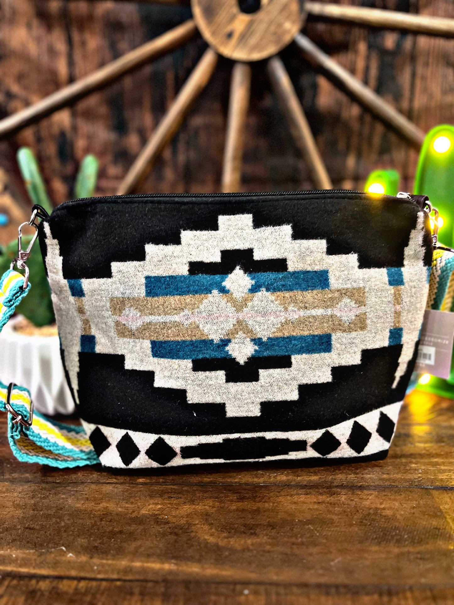 Black/Teal/Taupe Aztec Crossbody Purse
