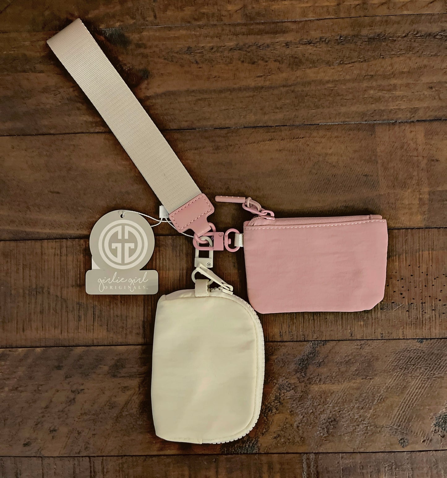 Girlie Girl Pink/White Double Pouch Wristlet