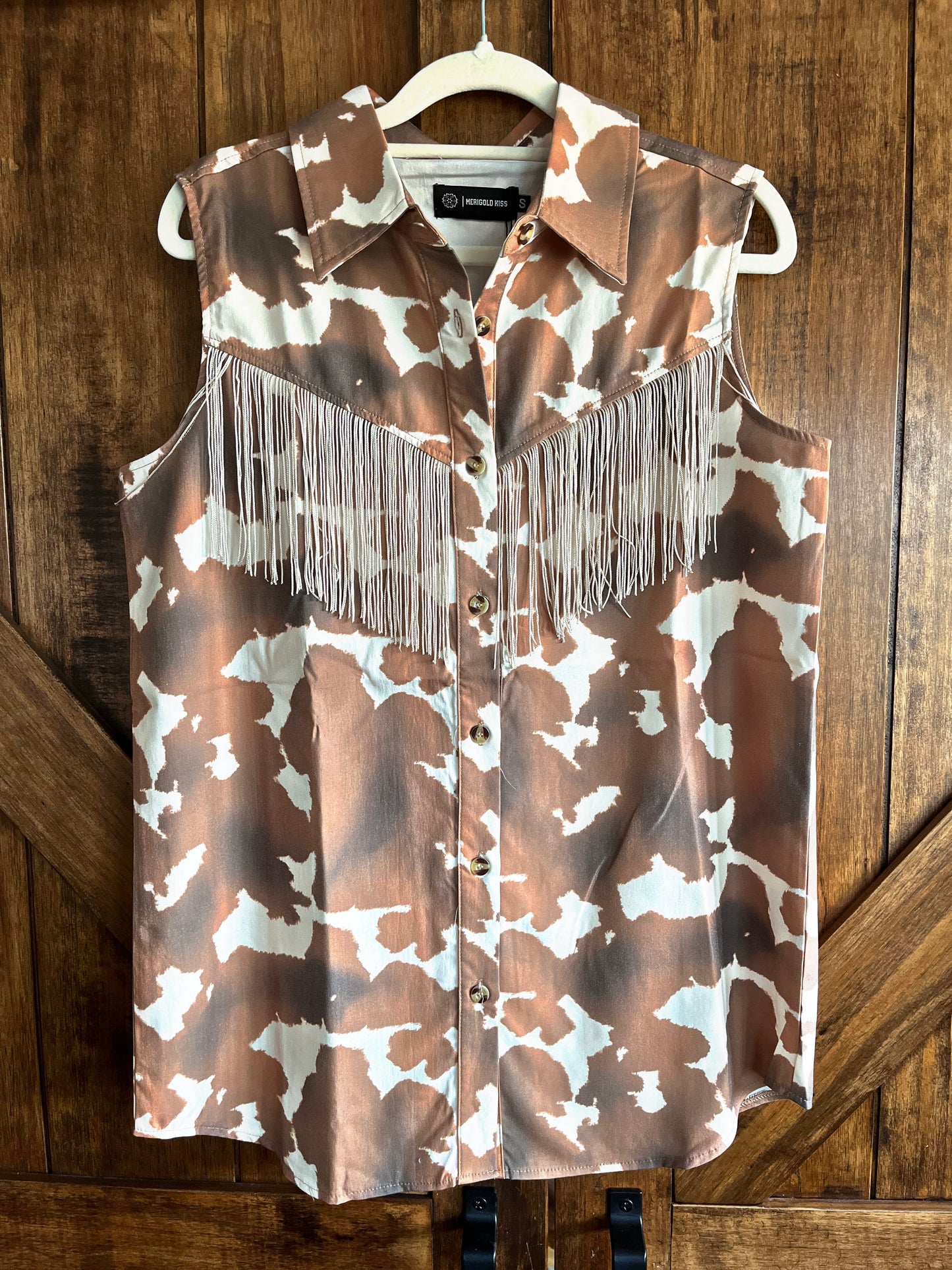 Cow Print and Fringe Button Up Top
