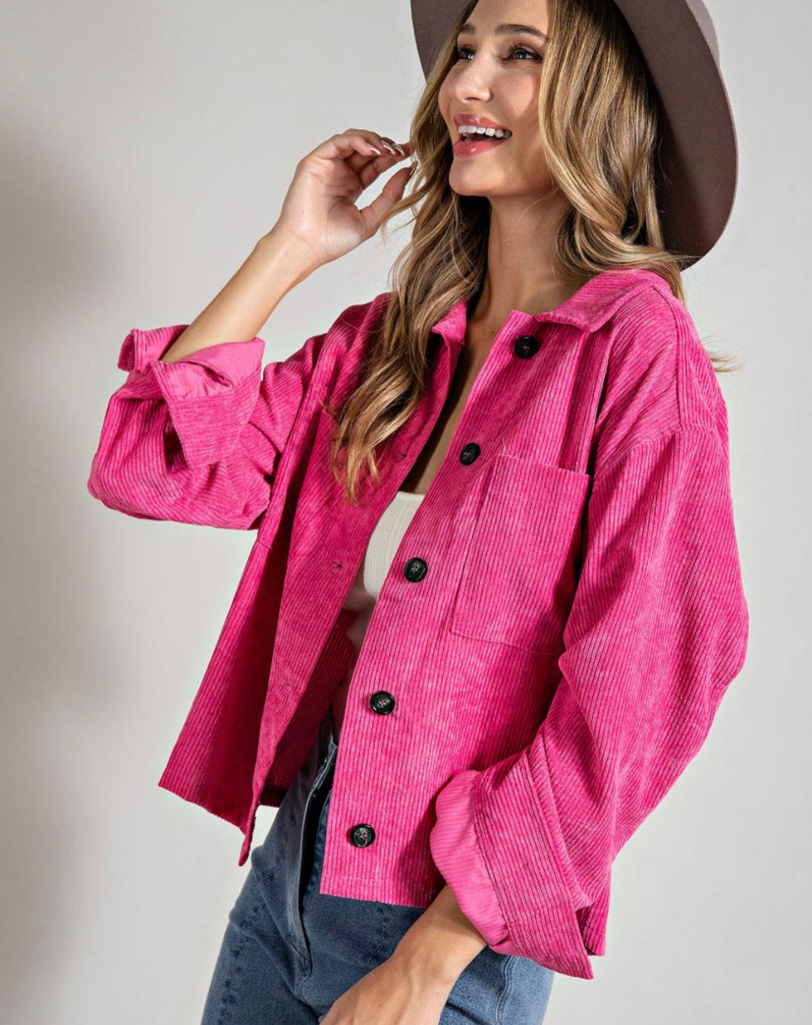 Hot Pink Corduroy Crop Shacket