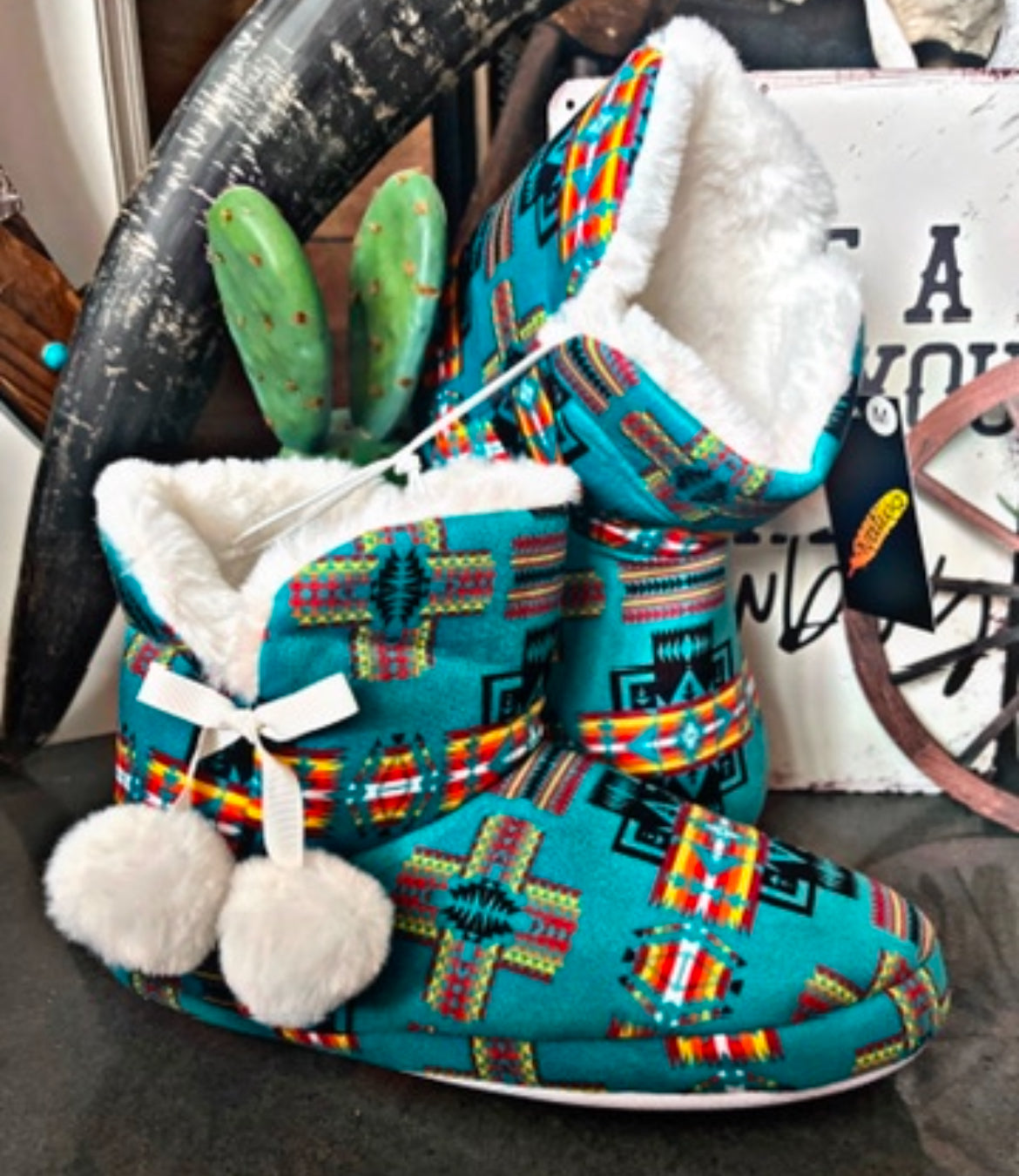 Teal Aztec House Slipper Boots