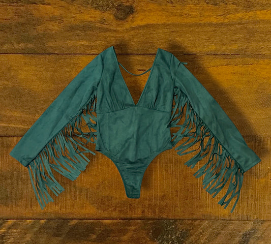 Teal Suede Fringe Bodysuit