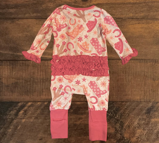 Pink and White Ruffle Butt Romper with Western Print