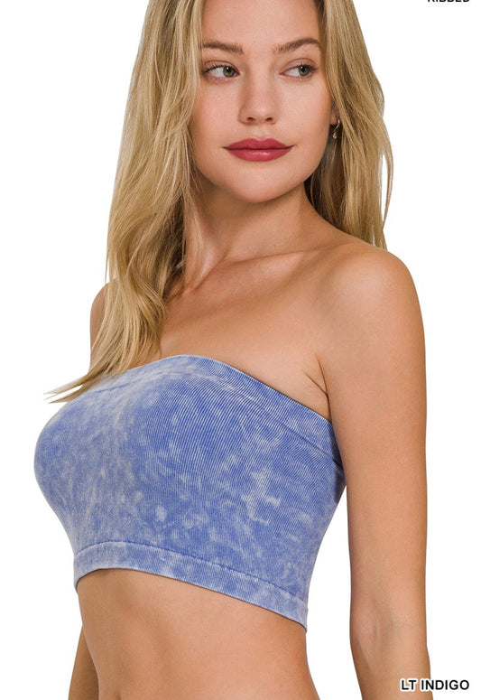 Light Indigo Washed and Ribbed Bandeau Top