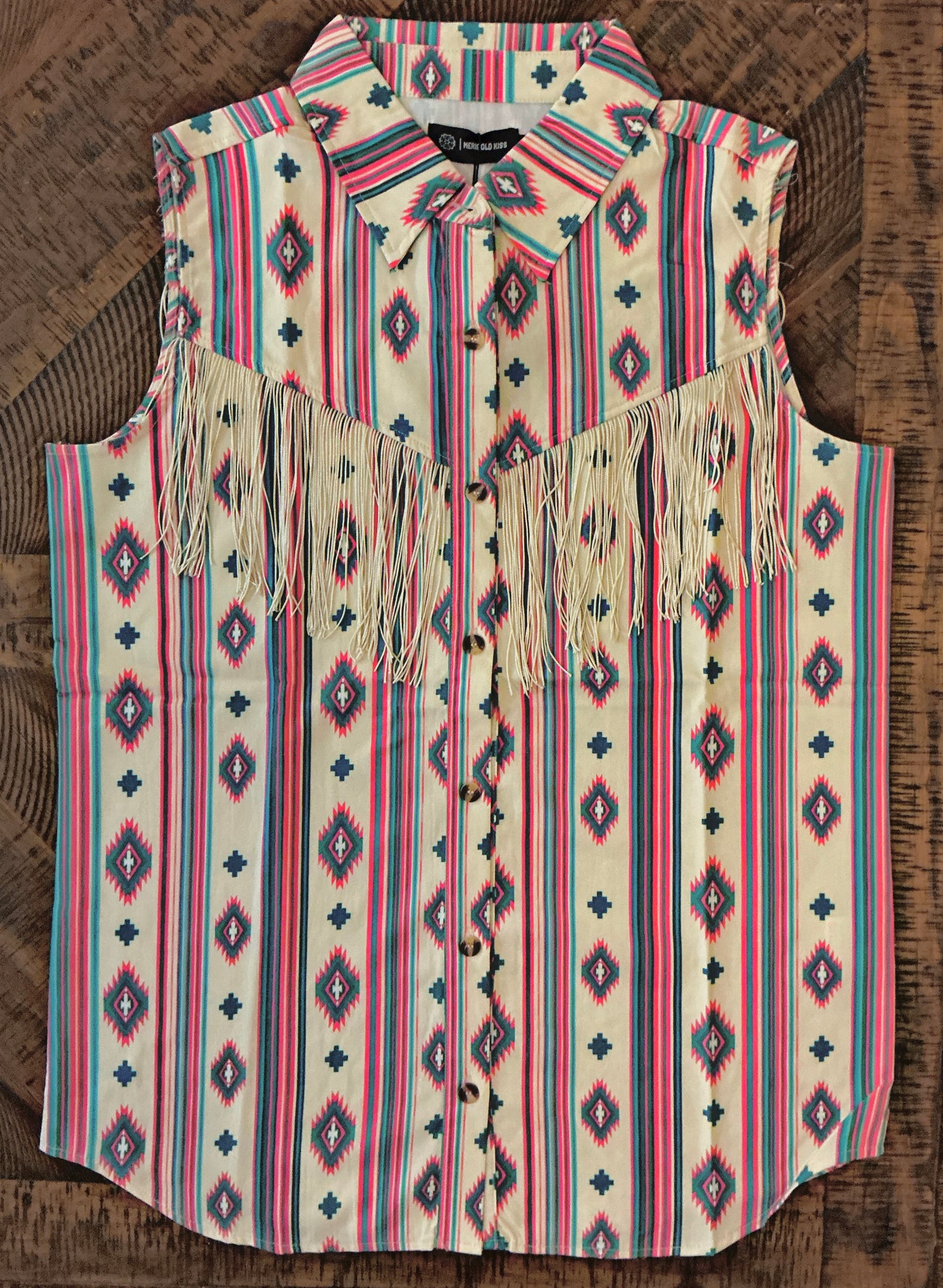 Teal/Pink Aztec Fringed Button Up