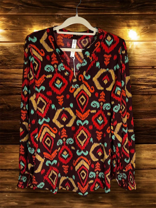 Brown/Geographic Print Long Sleeved Top