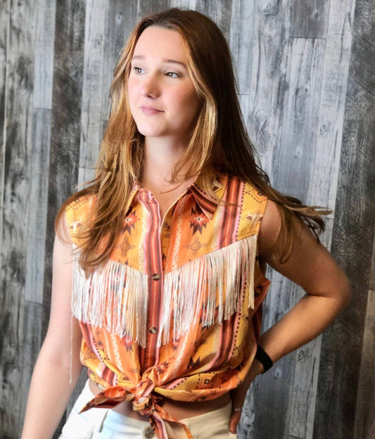 Orange Aztec Fringe Button Up Shirt
