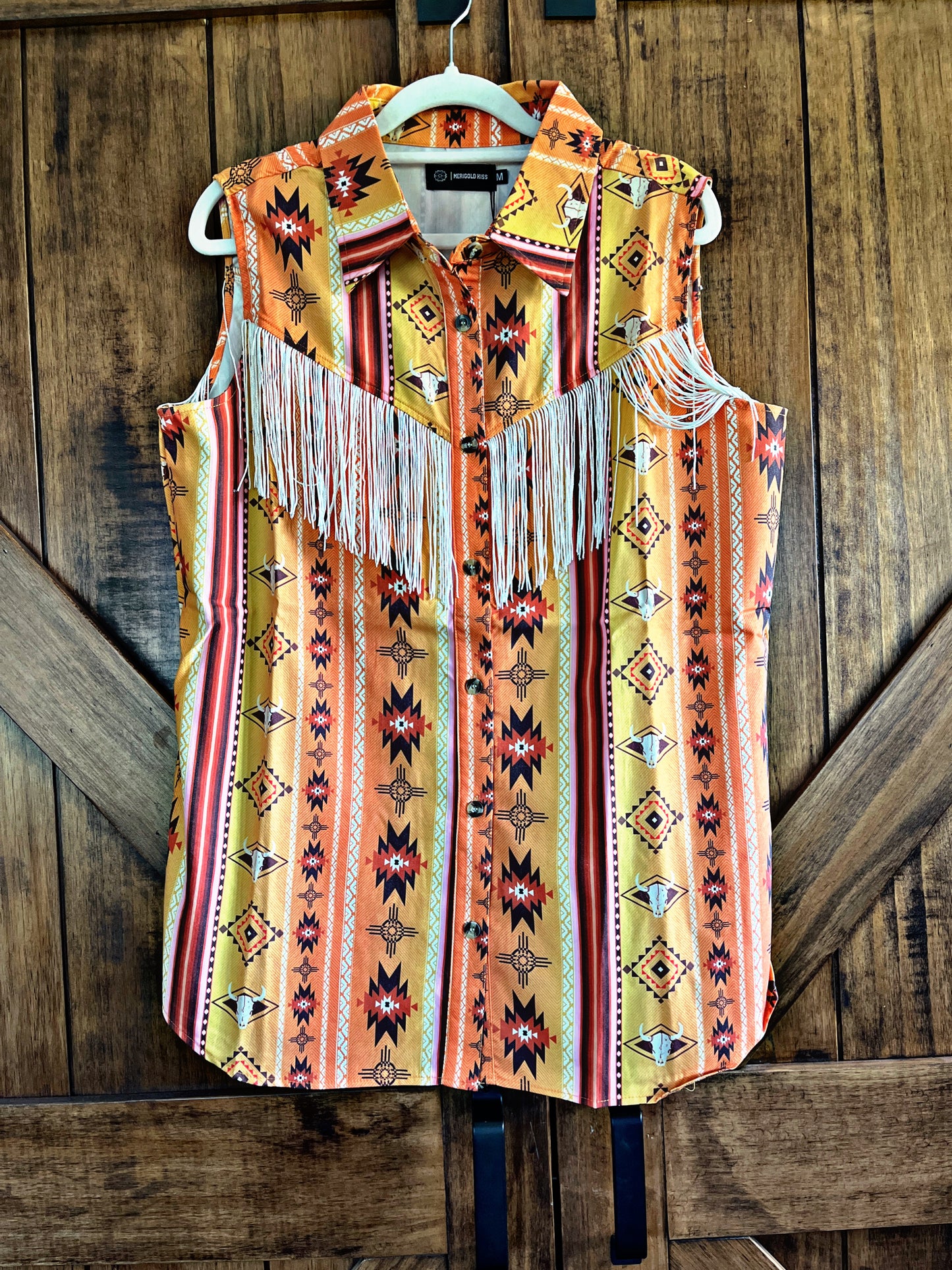 Orange Aztec Fringe Button Up Shirt