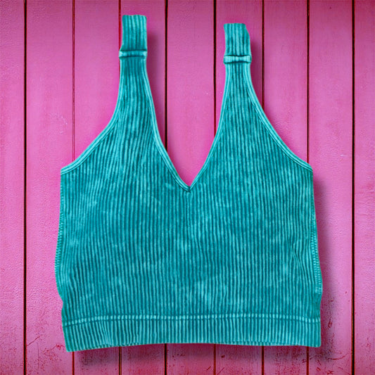 Mineral Washed Ribbed and Padded Bralette - Light Teal