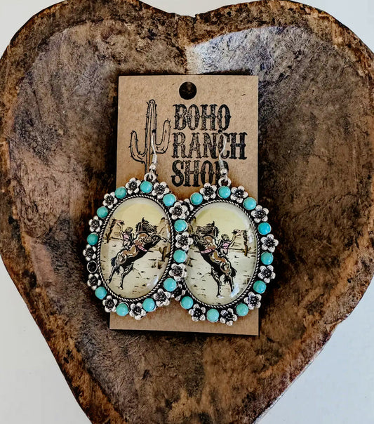 Western Cowboy Scene and Turquoise Earrings
