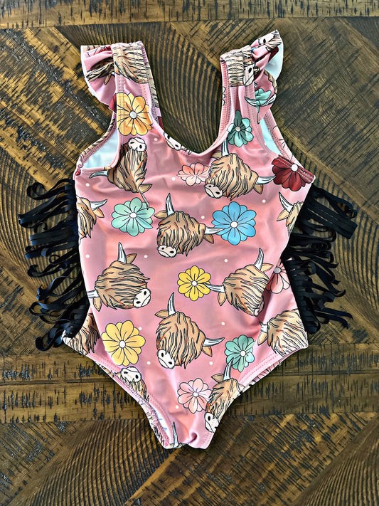 Highland Cow Little Girls Swimsuit