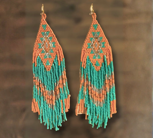 Sunset Mesa Beaded Fringe Earrings - Turquoise/Orange