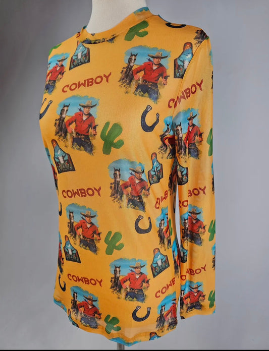 Yellow Western Print Mesh Top