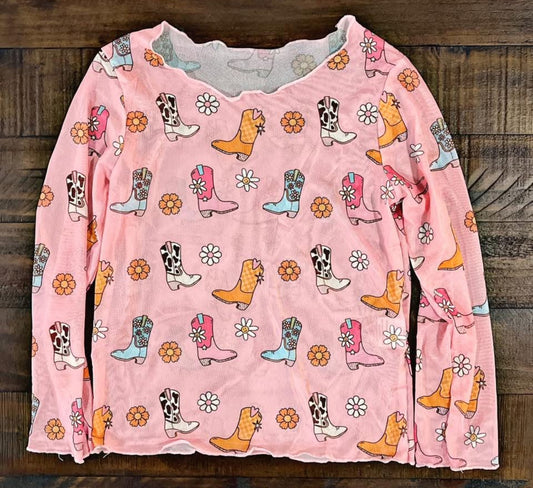 Little Girls Pink/Boots Mesh Top