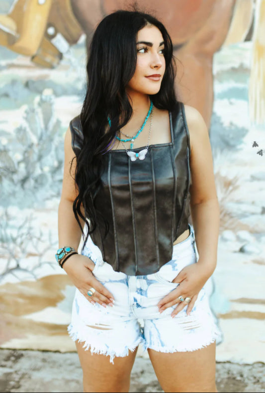 Faux Leather Black Corset Crop