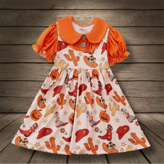 Little Girl’s Orange/Western/Halloween Print Dress