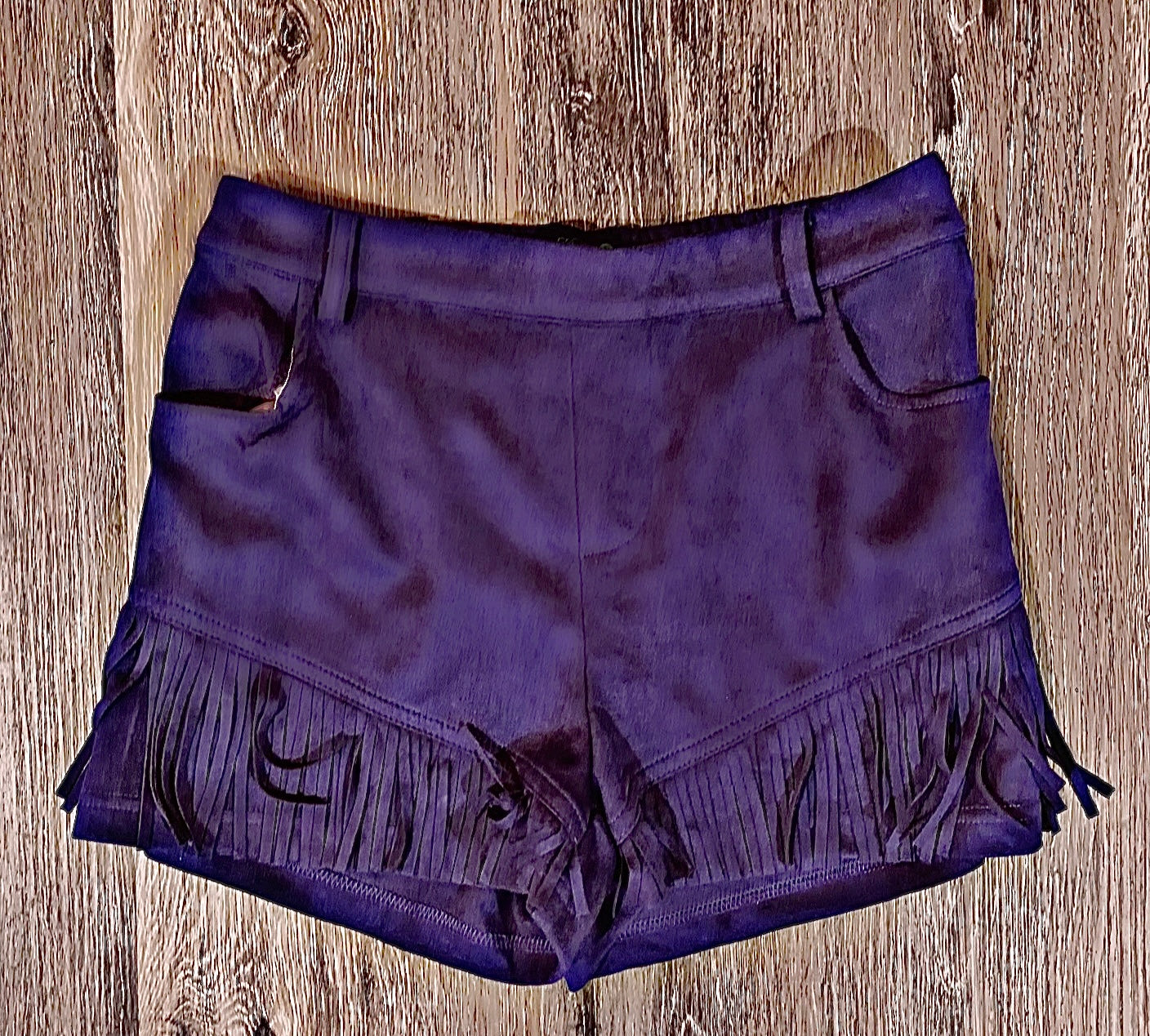 Purple Fringe Suede Shorts