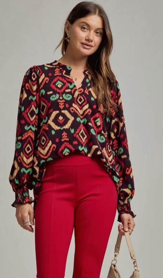 Brown/Geographic Print Long Sleeved Top