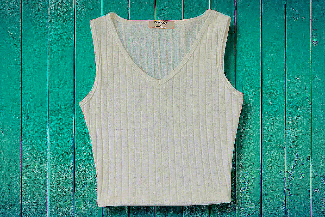 White Ribbed V Neck Crop