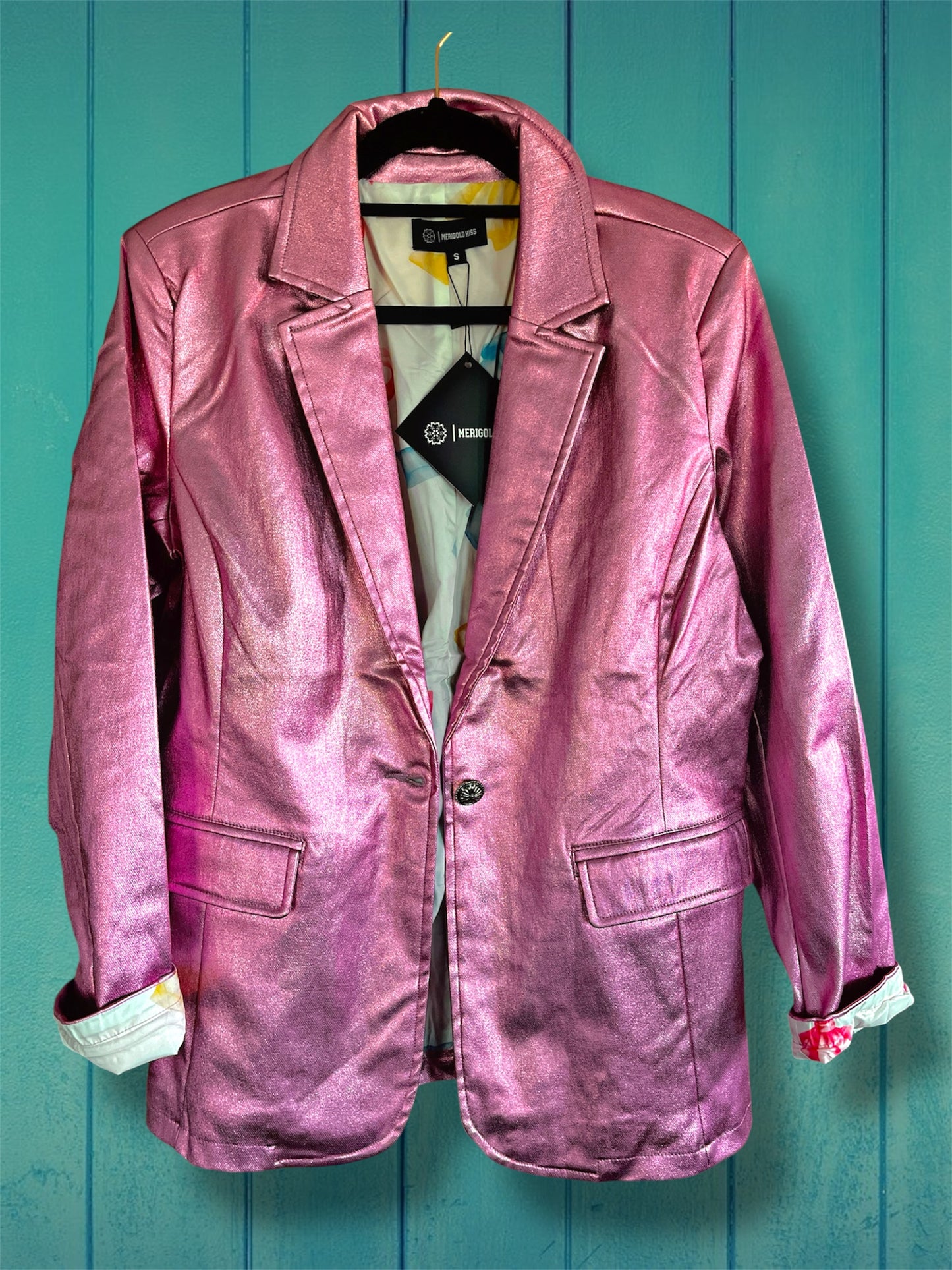 Metallic Faux Leather Pink Blazer