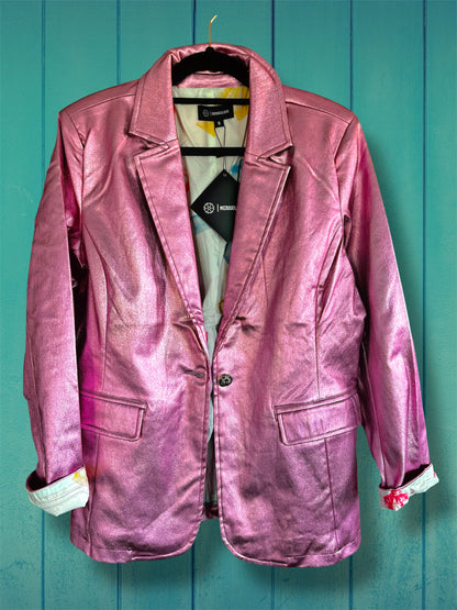 Metallic Faux Leather Pink Blazer