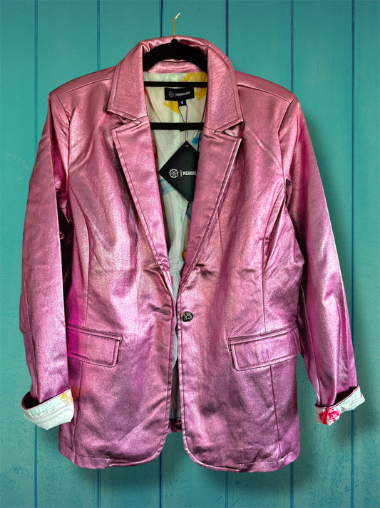 Metallic Faux Leather Pink Blazer