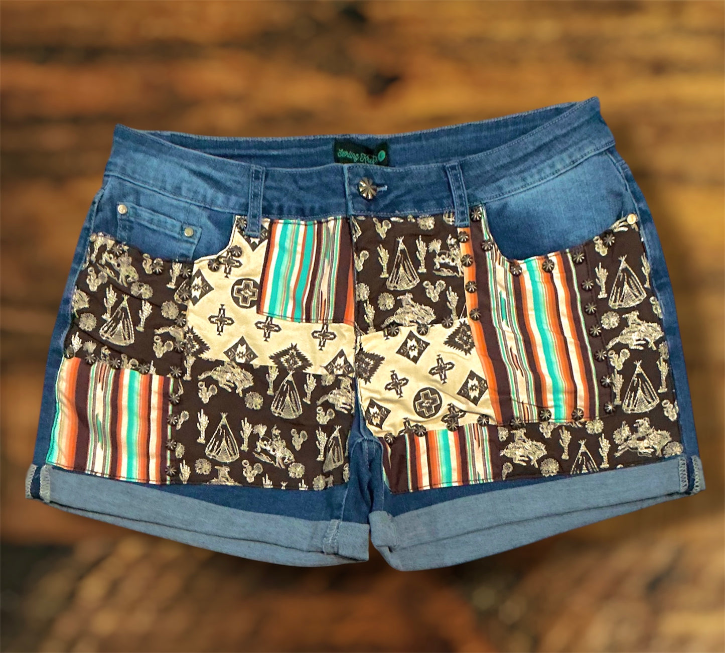 Denim Patched Shorts - Serape/Western