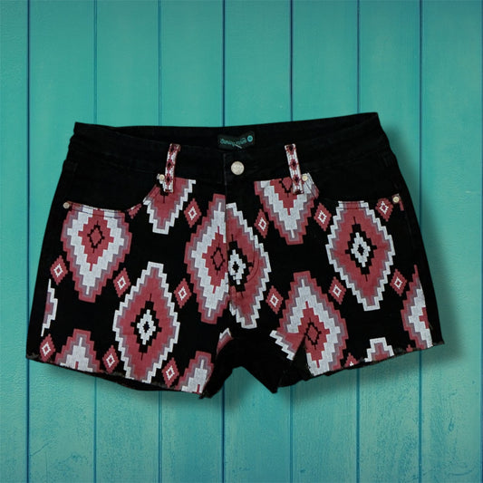 Red and Black Aztec Denim Shorts
