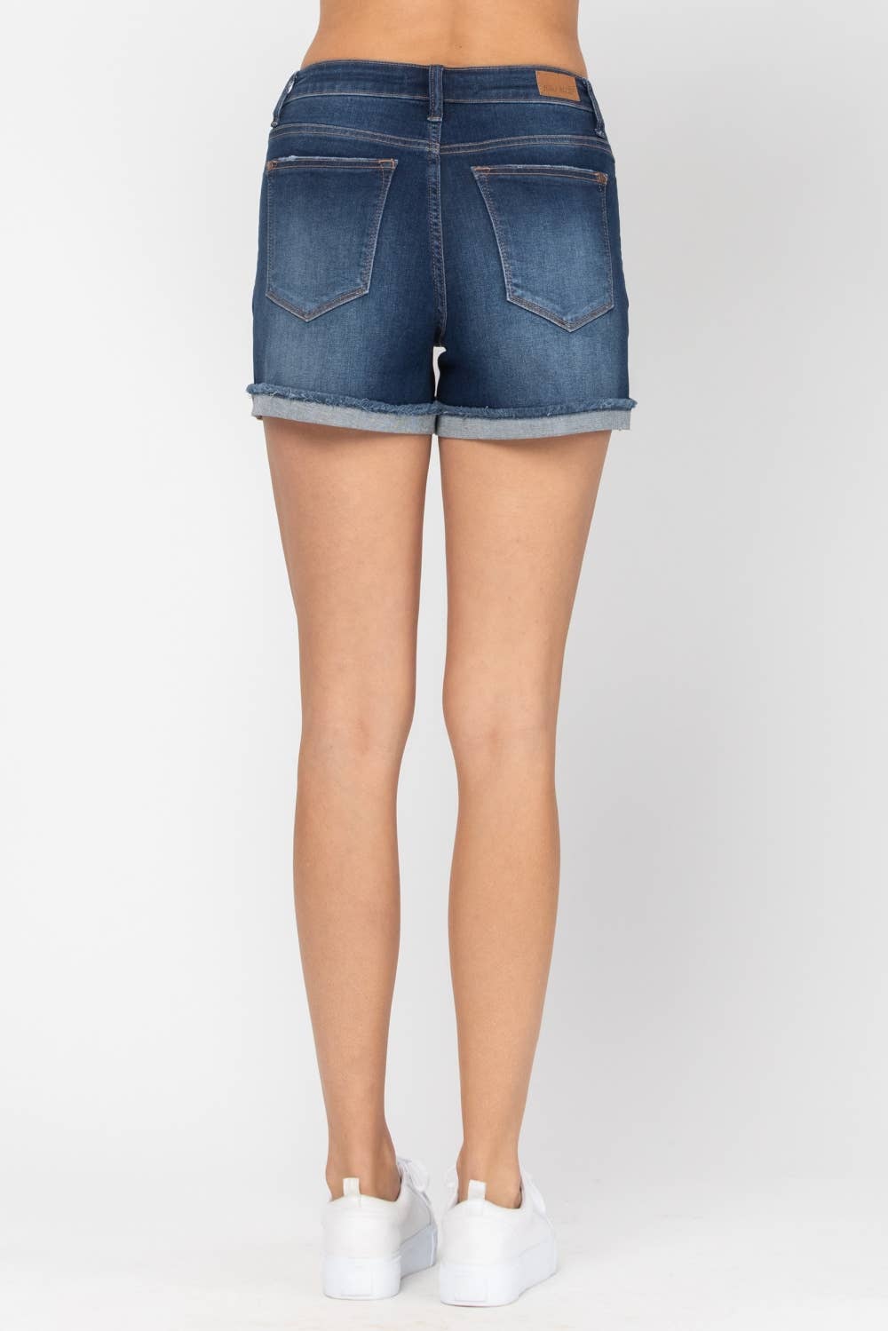 “Harper” - Mid-Rise Cuffed Hem Dark Washed Shorts
