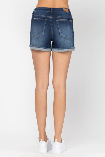 “Harper” - Mid-Rise Cuffed Hem Dark Washed Shorts