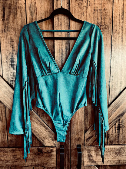 Teal Suede Fringe Bodysuit