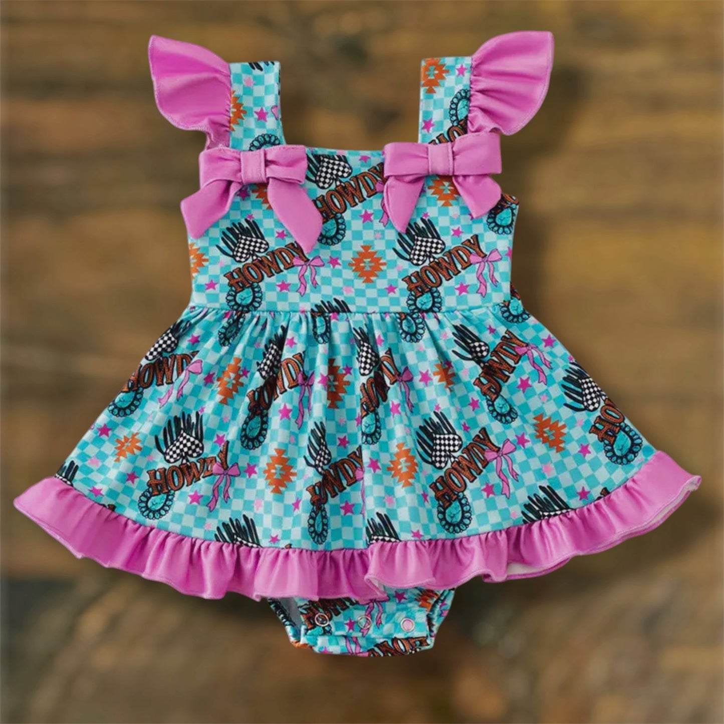 Blue Checkered Howdy Western Print Ruffle Onesie