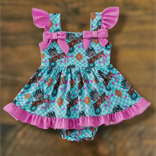 Blue Checkered Howdy Western Print Ruffle Onesie