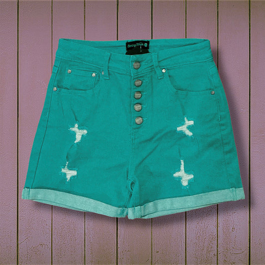 Turquoise Cuffed Denim Shorts