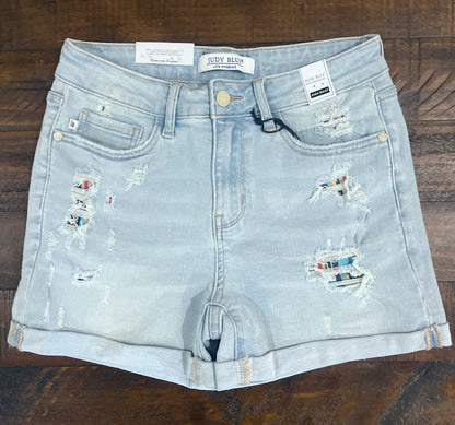 Aztec/Light Wash Distressed Shorts
