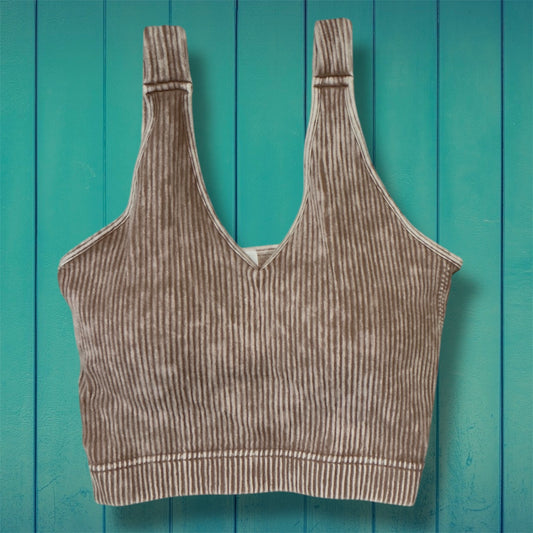 Mineral Washed Ribbed and Padded Bralette - Mocha