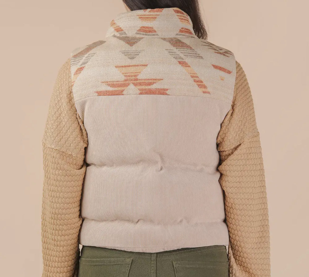 Beige and Aztec Print Puffer Vest