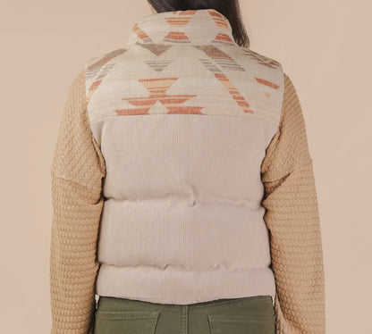 Beige and Aztec Print Puffer Vest