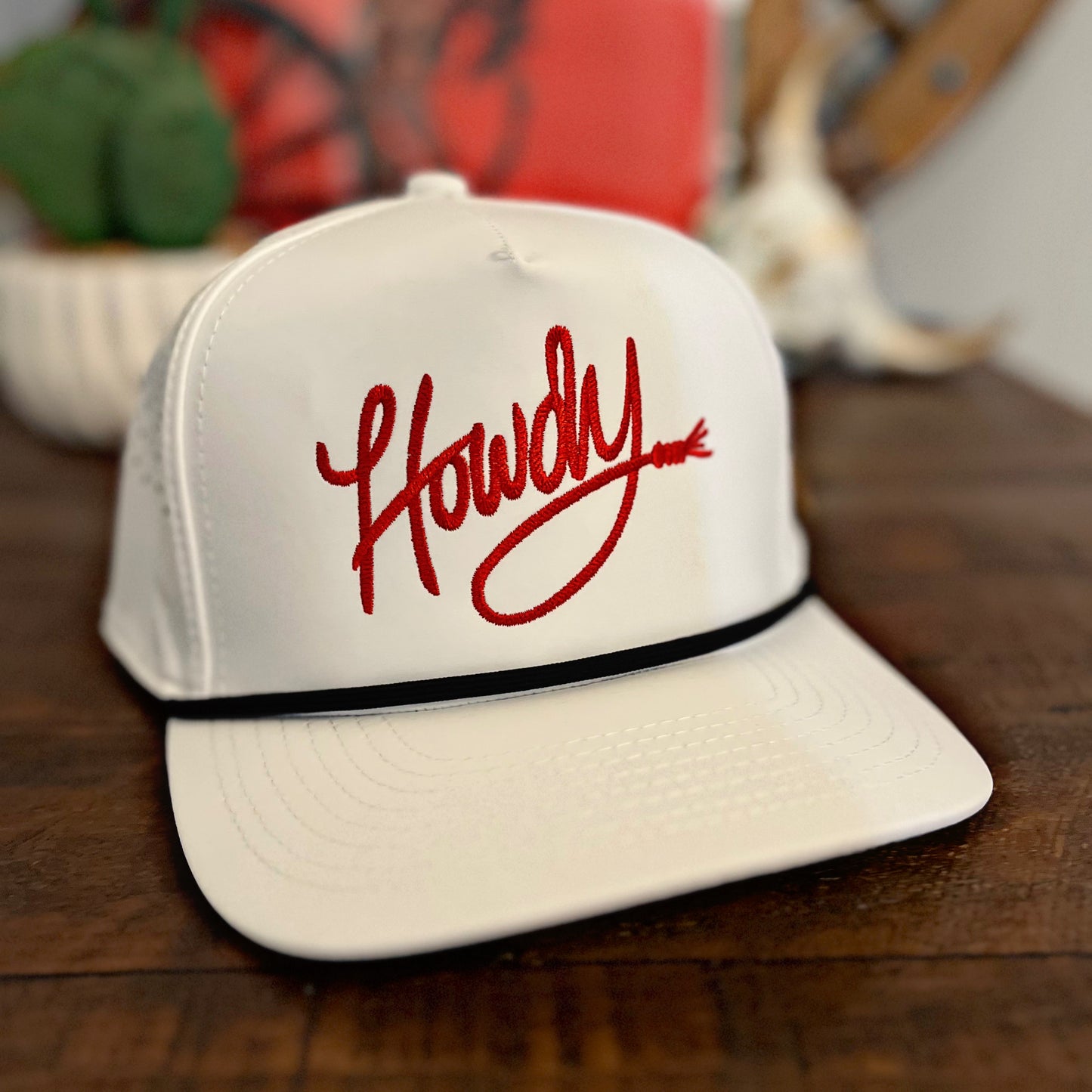 White SnapBack Hat w/ Red Howdy Print