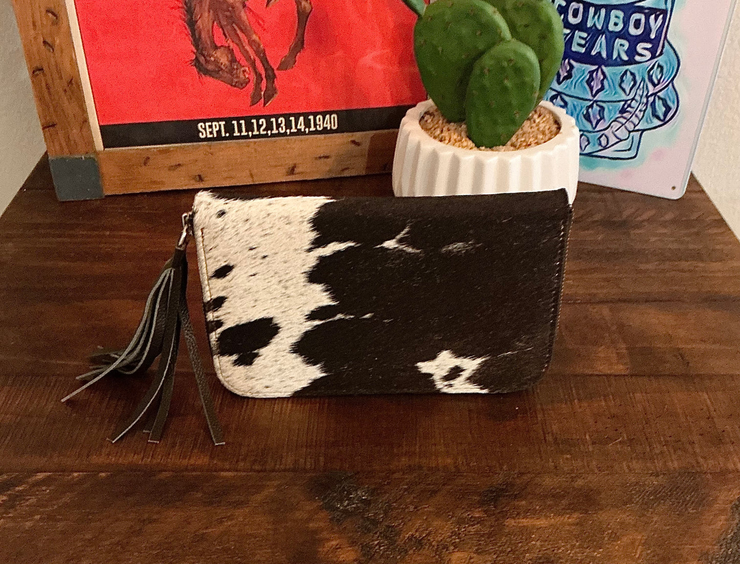 Dark Brown Cowhide and Leather Zippered Wallet