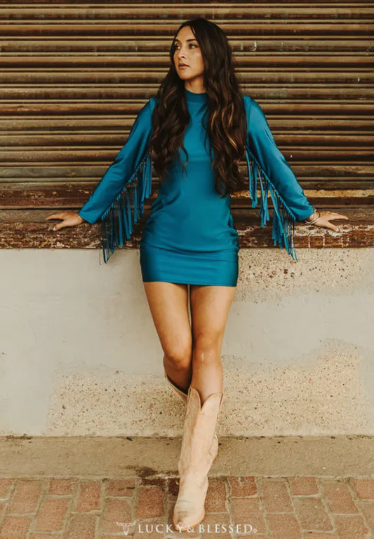 Teal Satin Fringe Dress