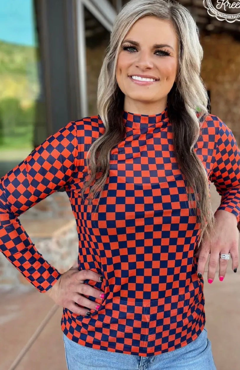 Orange/Navy Checkered Mesh Top
