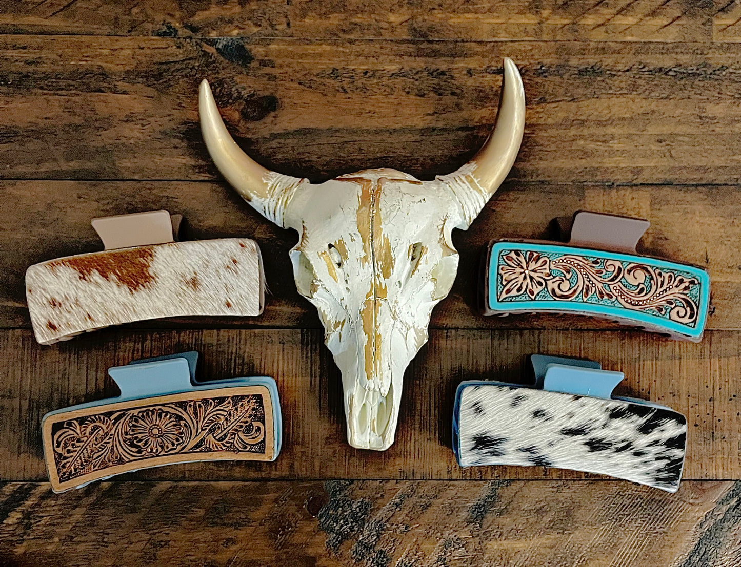 5” Myra Brand Hair Clips/Claws - Tooled Leather/Cowhide